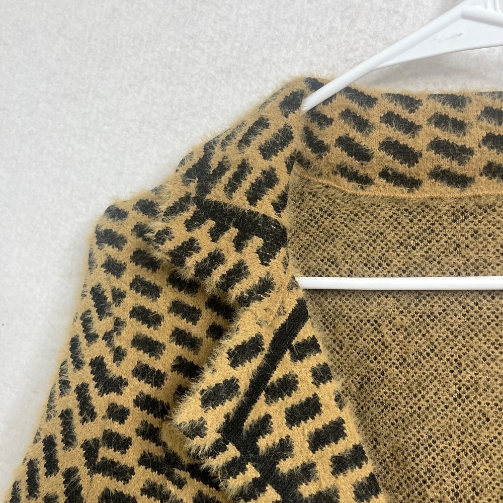 Fuzzy Knit Jacket Cardigan Tan Black Pattern Cropped Button Up Cozy Sweater - Picture 3 of 5